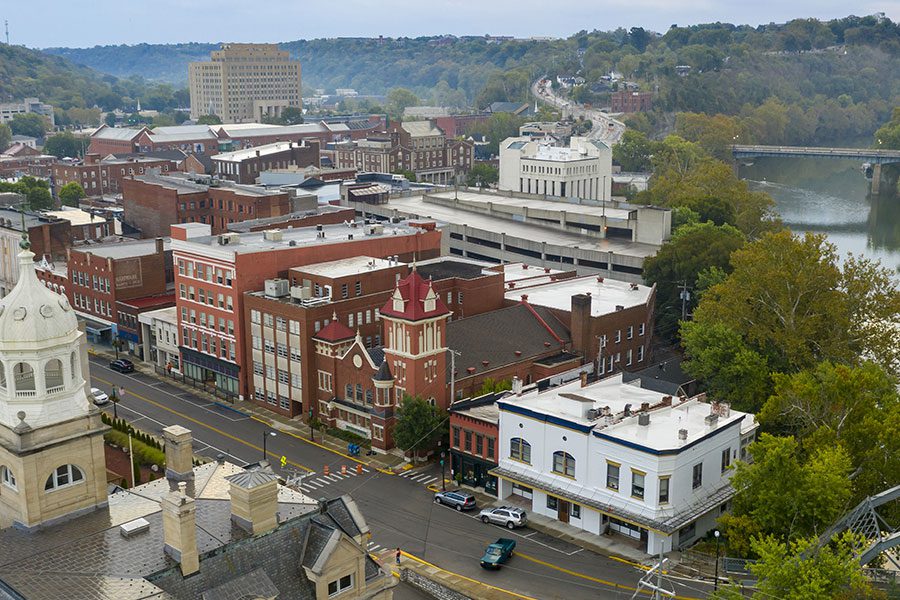 Contact - Aerial View of the State Capital City Downtown Frankfort, Kentucky